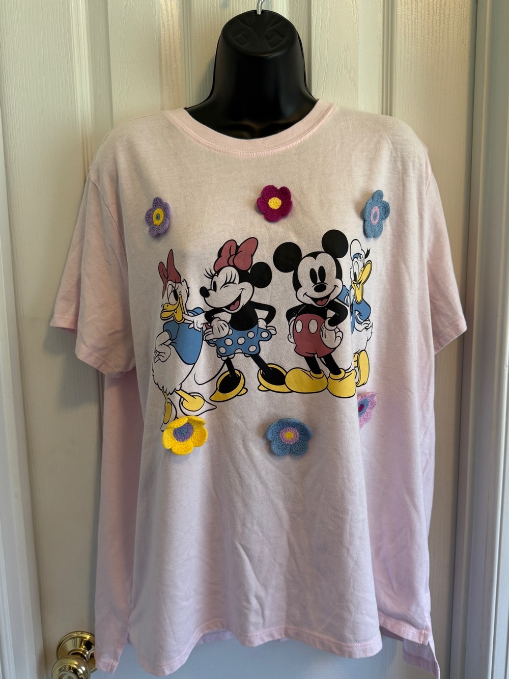 Pink Disney Character Graphic Tee with Appliqué Flowers